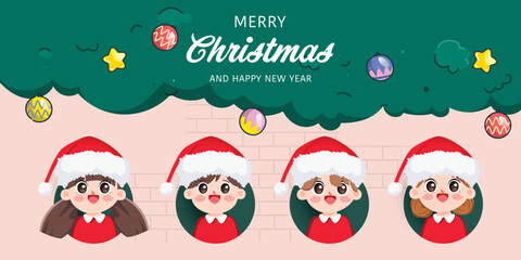 Cute cartoon student kid celebrating gifts in Merry Christmas and happy new year. Cute cartoon vector design.