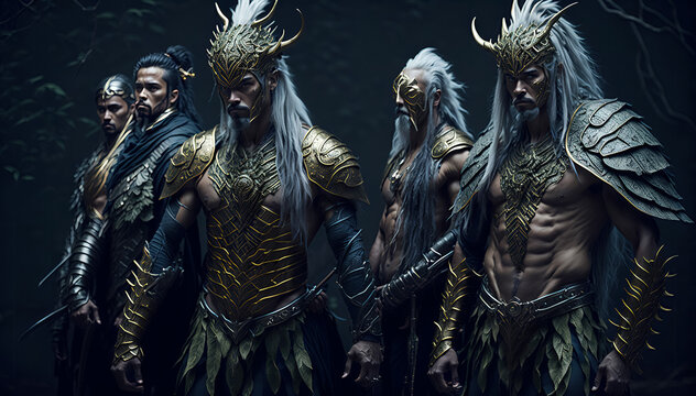 group of males armed ranger warrior pathfinder, fantasy concept. generative AI