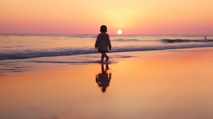 small baby walk on sunset at beach sand ,sunbeam flares and reflection on sea water ,generated ai - 618321372