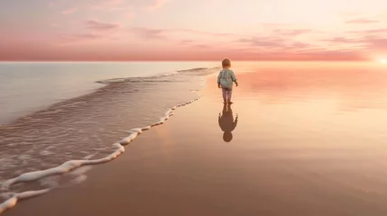 Zelfklevend Fotobehang small baby walk on sunset at beach sand ,sunbeam flares and reflection on sea water ,generated ai © Irina