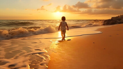 small baby walk on sunset at beach sand ,sunbeam flares and reflection on sea water ,generated ai