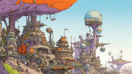 alien, alien world futuristic drawing landscape desolated land mountain village  - by generative ai