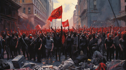 crowd of people manifesting in the street, anarchy revolt - by generative ai - obrazy, fototapety, plakaty