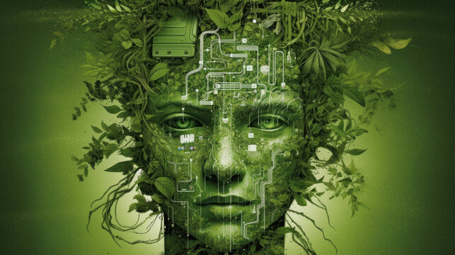 overgrown robotic green technology nature and ecology  portrait - by generative ai