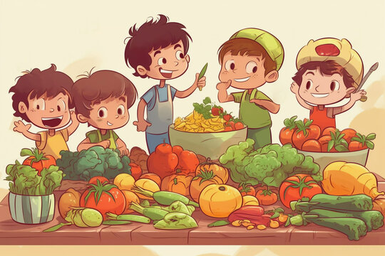 World Vegetarian Day cartoon with children preparing a buffet of vegetables generative AI illustration