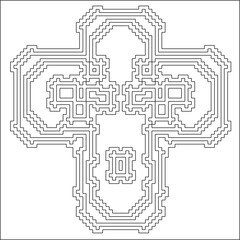 Cross with black and white geometrical patterns . 