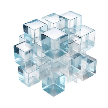 Fototapeta a cluster of transparent interlocking cubes abstract shape, 3d render style, isolated on a transparent background, generative ai