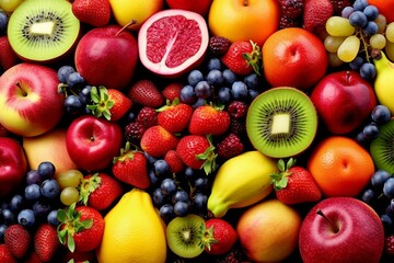 an array of colorful and exotic fruits, perfectly ripe and bright with freshness, wallpaper, generative IA