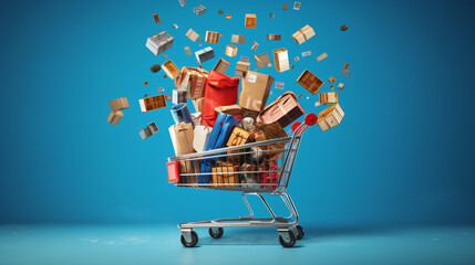 iron trolley in front of a blue background, it is filled with boxes that fall from the sky p2