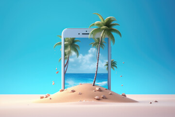 Obraz premium Creative 3D summer beach scene with smartphone, miniature table top scene of summer vacation, 3D rendering