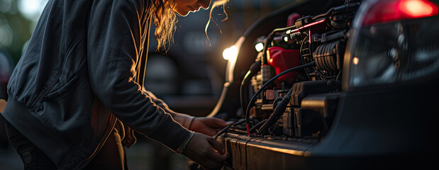 Obraz premium a young woman is tinkering with her car and trying to repair it. Generative AI