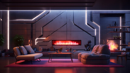Futuristic Haven: A Cozy and Gorgeous Cyberpunk Living Room with Fireplace, AI Generative