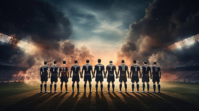 back view on a professional soccer team with dramatic sky. Generative AI