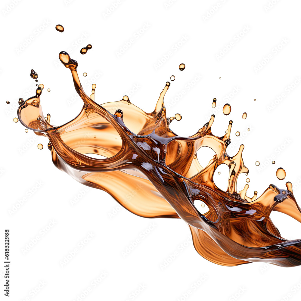 Wall mural caramel colored cascading liquid streams abstract shape, 3d render style, isolated on a transparent 