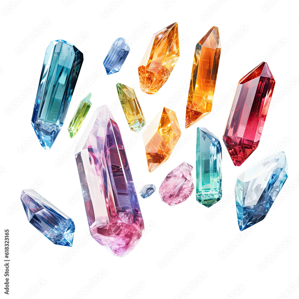 Poster a series of levitating crystalline shards abstract shape, 3d render style, isolated on a transparent
