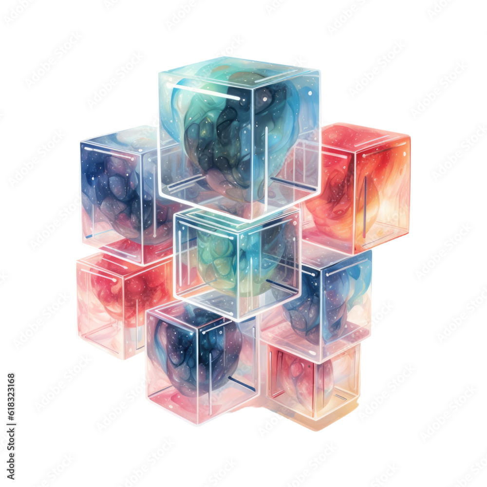 Poster a series of interlocking transparent cubes abstract shape, 3d render style, isolated on a transparen