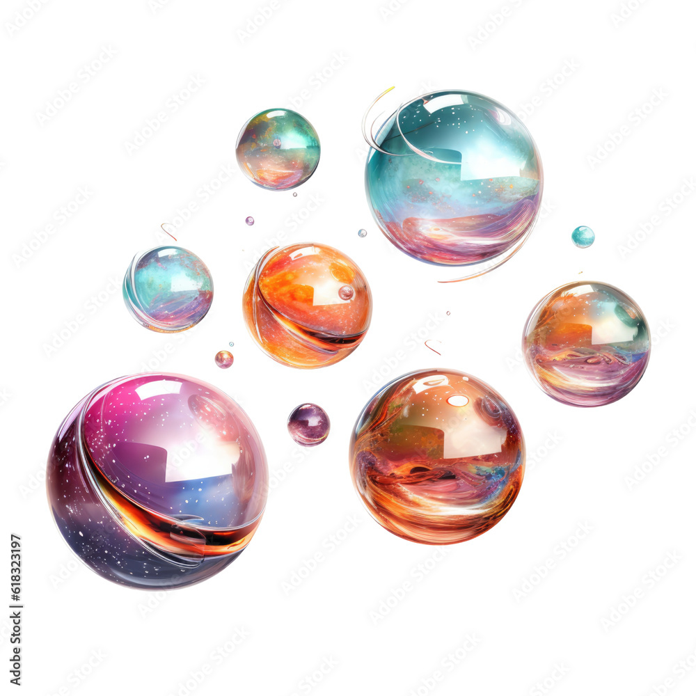 Poster a series of levitating pulsating orbs abstract shape, 3d render style, isolated on a transparent bac