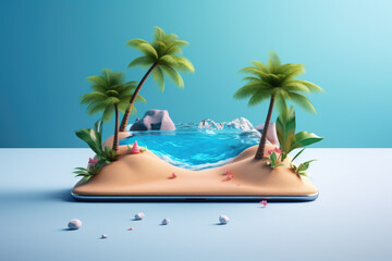 Obraz premium Creative 3D summer beach scene with smartphone, miniature table top scene of summer vacation, 3D rendering