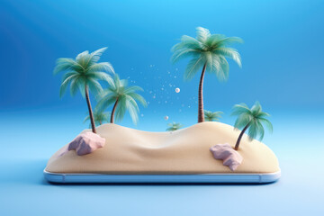 Creative 3D summer beach scene with smartphone, miniature table top scene of summer vacation, 3D rendering