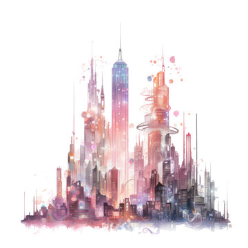 a futuristic cityscape with towering skyscrapers abstract shape, 3d render style, isolated on a transparent background, generative ai