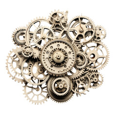 a symphony of interlocking gears and abstract shape, 3d render style, isolated on a transparent background, generative ai