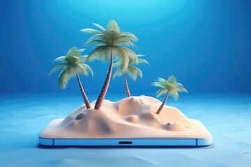 Creative 3D summer beach scene with smartphone, miniature table top scene of summer vacation, 3D rendering