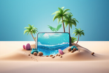 Creative 3D summer beach scene with smartphone, miniature table top scene of summer vacation, 3D rendering