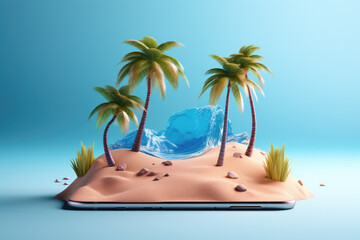 Obraz premium Creative 3D summer beach scene with smartphone, miniature table top scene of summer vacation, 3D rendering