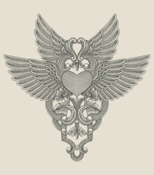 heart with wings, floral ornament, Vintage engraving drawing style, antique design vector illustration
