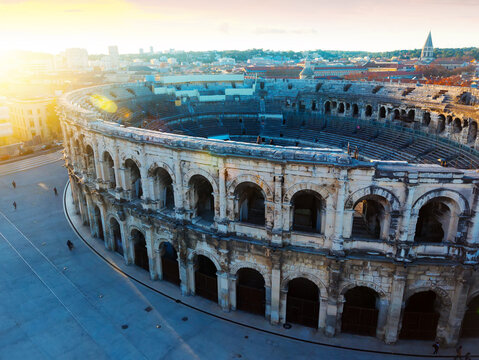 Image of ancient Roman amphitheater arena in Nimes, France ..