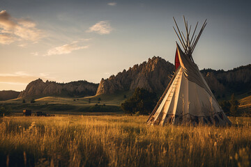 Illustration of a tipi on the plains of North America. Generative AI. 