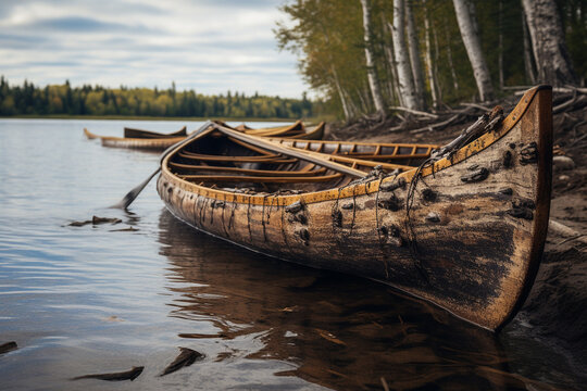 Illustration of a birch bark canoe along a river. Generative AI.