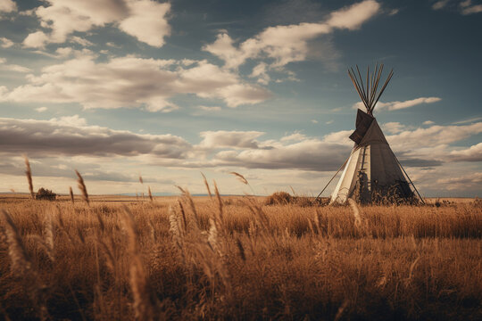 Illustration of a tipi on the plains of North America. Generative AI. 