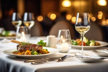 Fotobehang photo of dinner at restaurant hotel Photography AI Generated © NikahGeh