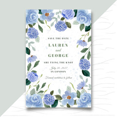save the date card with blue floral watercolor frame