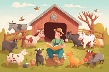 Obraz na płótnie Canvas World Vegetarian Day cartoon with a farmer reading a book to all his livestock generative AI illustration