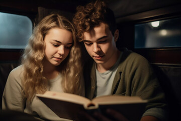 National Book Lovers Day young couple sitting together reading a book generative AI illustration