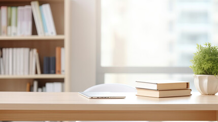 White table with books, stationery and copy space in study room