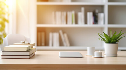 White table with books, stationery and copy space in study room