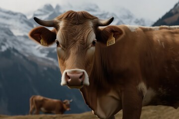 dairy cow grazes in a meadow in the mountains. Generative AI