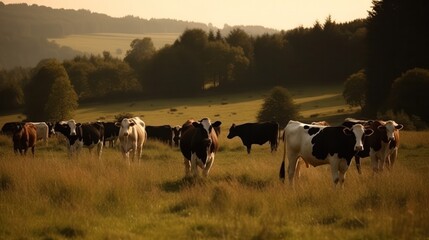 bulls and dairy cows graze on a green pasture. Generative AI