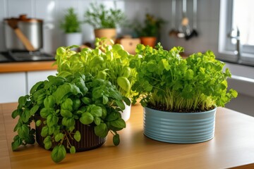 Fototapeta na wymiar microgreens in the kitchen. Healthy eating concept. Fresh garden produce organically grown as a symbol of health. Microgreens closeup. Generative AI