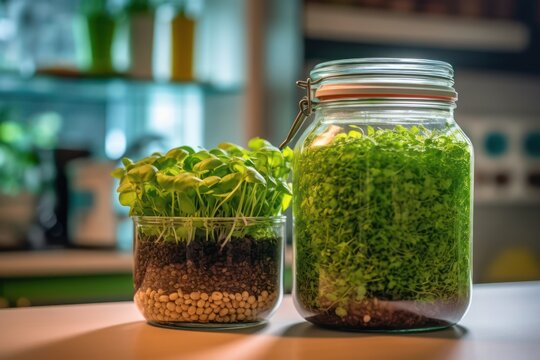 microgreens in the kitchen. Healthy eating concept. Fresh garden produce organically grown as a symbol of health. Microgreens closeup. Generative AI