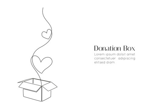 One continuous line drawing of donate box with hearts. Minimalist concept of help support and volunteer activity in vertical web banner in simple linear style. Gift of love Vector illustration