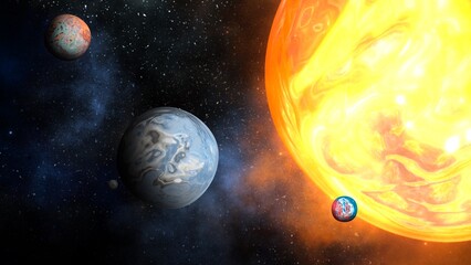 3d space background with fictional planets and nebula