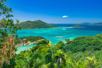 A view from the top of natural reserve Fond Ferdinand on Praslin island, Seychelles - obrazy, fototapety, plakaty