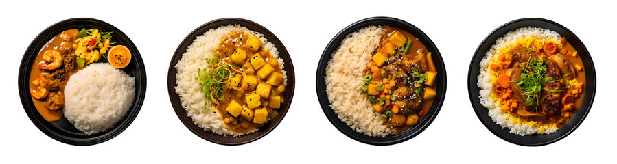 Set of top view delicious Curry Rice of Japanese food in black plate, Chicken curry sauce with jasmine rice, isolated on white transparent background, ai generate - obrazy, fototapety, plakaty