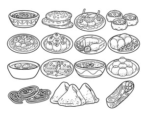 Set of indian food hand drawn outline sketch illustration