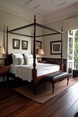 Luxury bedroom interior in classic, colonial style with wooden bed and parquet. created with Generative AI