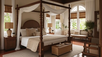 Classic bedroom in a villa with wooden furniture. Colonial style. created with Generative AI